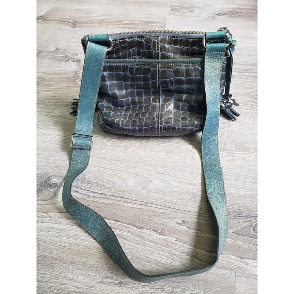 Brighton Leather Purse Crossbody Blue Patent Embossed Crocodile Bag Charm Tassel - Picture 7 of 13